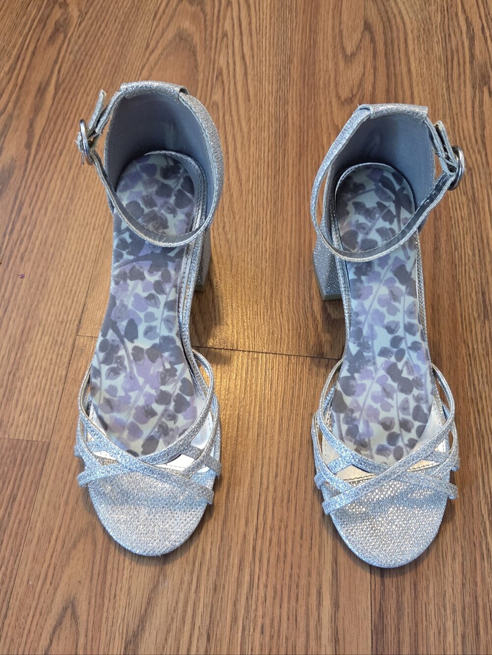 FIONI Clothing Silver Glitter Ankle-Strap Block Heels